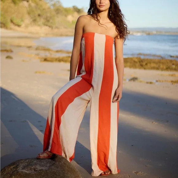 Striped Orange and White Strapless Eden Jumpsuit - Picture 2 of 9